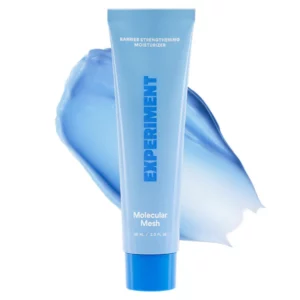 Krem do twarzy Experiment Molecular Mesh – niebieska tubka z konsystencją produktu na białym tle.