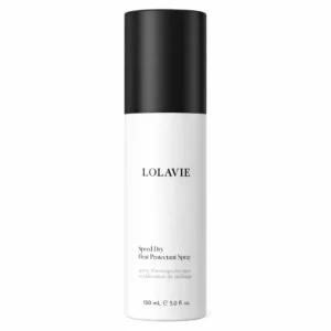 LolaVie Speed Dry Heat Protectant Spray – termoochronny spray do włosów w minimalistycznym, białym opakowaniu z czarną nakrętką, 150 ml.