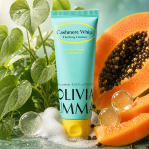 Tubka Olivia Umma Cashmere Whip Clarifying Cleanser ustawiona wśród papai, liści i piany. Kompozycja podkreśla świeży, oczyszczający charakter produktu.
