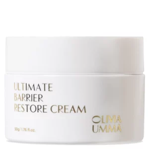 Minimalistyczny, biały słoiczek kremu Olivia Umma Ultimate Barrier Restore Cream z eleganckim złotym napisem na jasnym tle.