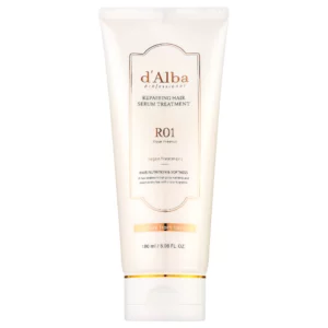 d’Alba Repairing Hair Serum Treatment R01 Rose Freesia 180 ml w białej tubie ze złotymi detalami na jasnym tle.