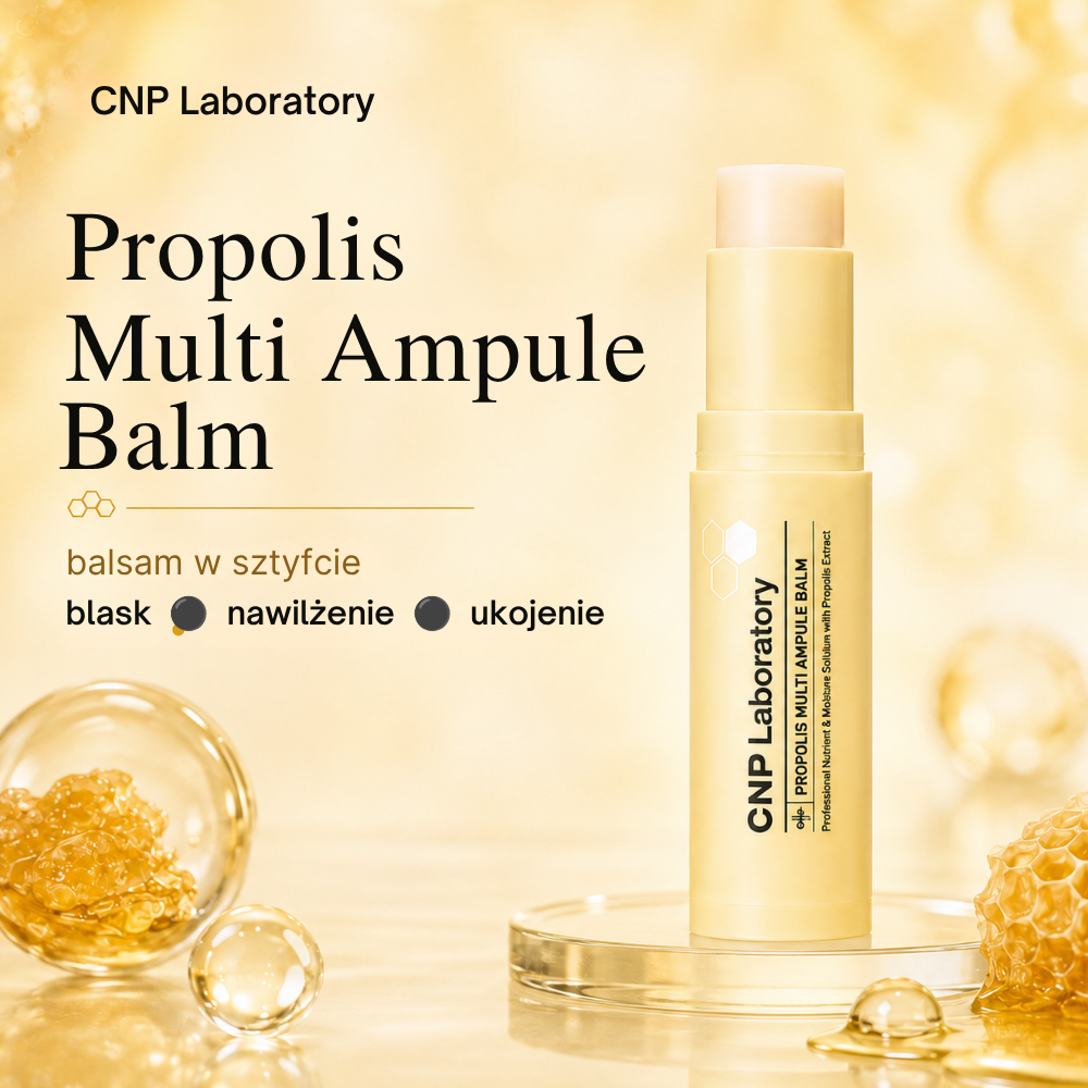 CNP Laboratory Propolis Multi Ampule Balm Grafika reklamowa CNP Laboratory Propolis Multi Ampule Balm z otwartym balsamem w sztyfcie oraz informacją o blasku, nawilżeniu i ukojeniu skóry.
