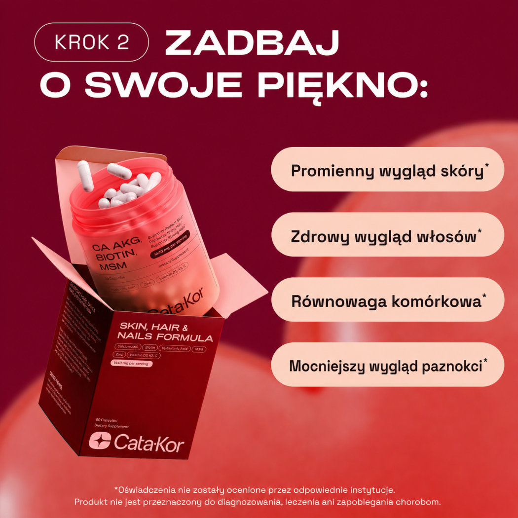 Cata Kor Skin, Nails & Hair Formula Opakowanie suplementu Cata·Kor w czerwonym pudełku z otwartym słoikiem kapsułek, przedstawione na intensywnym tle z opisem korzyści dla skóry, włosów i paznokci.