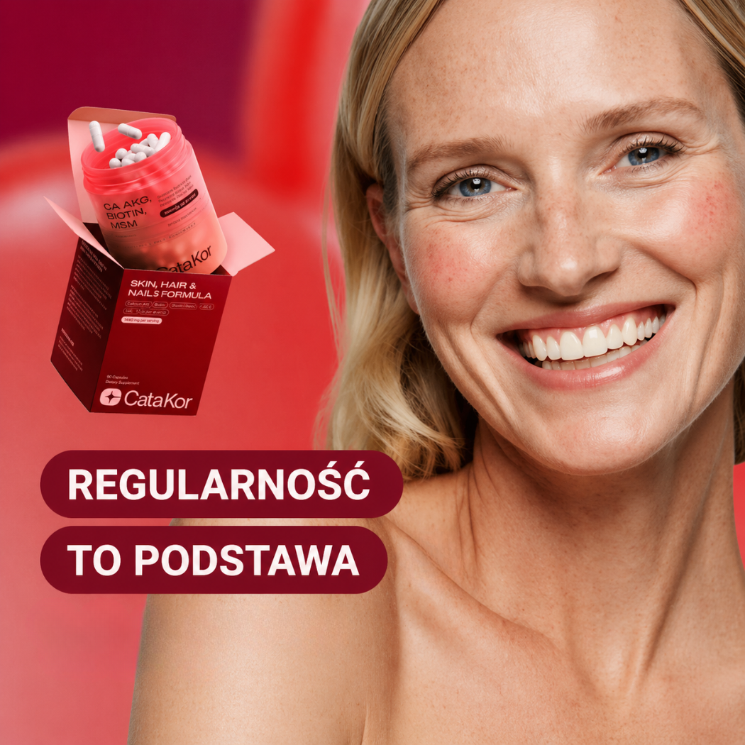 Cata Kor Skin, Nails & Hair Formula Uśmiechnięta kobieta z naturalnym makijażem na czerwonym tle, obok opakowanie suplementu Cata·Kor wspierającego kondycję skóry, włosów i paznokci, z hasłem o regularności.