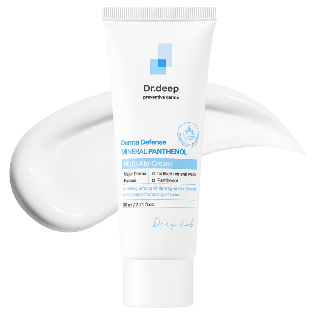 Dr Deep Derma Defense Mineral Panthenol - mineralny krem barierowy-2 Biała tubka kremu Dr.deep Multi Ato Cream 80 ml ustawiona pionowo na jasnym tle z dekoracyjną smugą kremowej konsystencji.