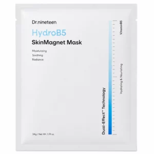 Pojedyncze opakowanie Dr.nineteen HydroB5 SkinMagnet Mask 34 g na białym tle, z niebieskim oznaczeniem technologii Dual-Effect.