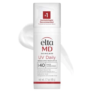 EltaMD UV Daily SPF 40 – lekki krem nawilżający z filtrem przeciwsłonecznym na jasnym tle. Transparentna formuła z kwasem hialuronowym wspiera codzienną ochronę UVA i UVB oraz komfort skóry.