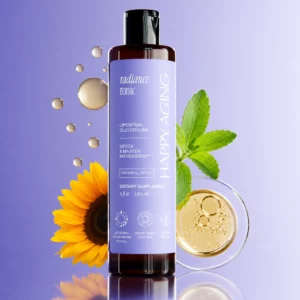 Happy Aging Radiance Tonic – suplement diety z liposomalnym glutationem, stewią i lecytyną słonecznikową na pastelowym tle.