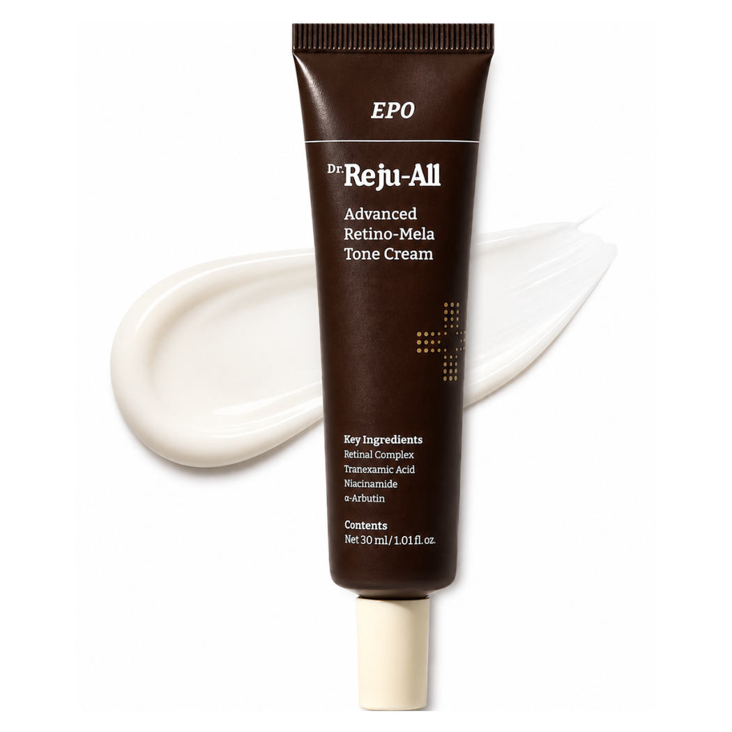 Reju All Advanced Retino Mela Tone Cream Krem Dr. Reju-All na białym tle z widoczną kremową teksturą produktu, pokazującą jego konsystencję i wykończenie.