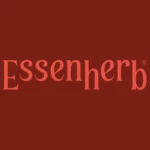 Essenherb – logo marki w jasnoczerwonym kolorze na ciemnoczerwonym tle.