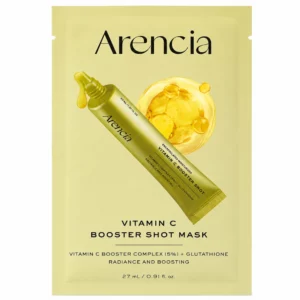 Na zdjęciu znajduje się maska w płachcie Arencia Vitamin C Booster Shot Mask w jasnożółtej saszetce. Na opakowaniu widoczna jest grafika ampułki z witaminą C oraz złote kapsułki serum, podkreślające działanie rozświetlające i wyrównujące koloryt skóry. Formuła zawiera kompleks witaminy C (5%) oraz glutation, które wspierają promienny wygląd skóry i pomagają przywrócić jej zdrowy blask.