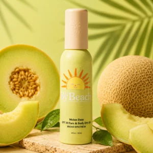 By The Beach Melon Daze SPF 30 - suchy olejek przeciwsłoneczny do twarzy i ciała na tle świeżego melona, z efektem lekkiej, letniej pielęgnacji i ochrony UV.