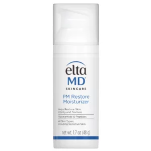 Biała butelka EltaMD PM Restore Moisturizer, kremu nawilżającego na noc zBiała butelka EltaMD PM Restore Moisturizer, kremu nawilżającego na noc z niacynamidem i peptydami.niacynamidem i peptydami.