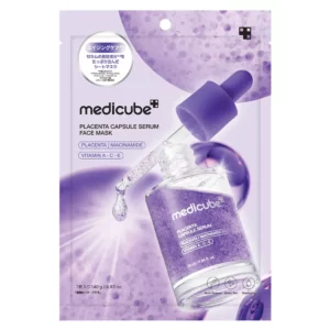 Opakowanie Medicube Placenta Capsule Serum Face Mask z kapsułkowym serum zawierającym placentę, niacynamid oraz witaminy A, C i E dla promiennego wyglądu skóry.