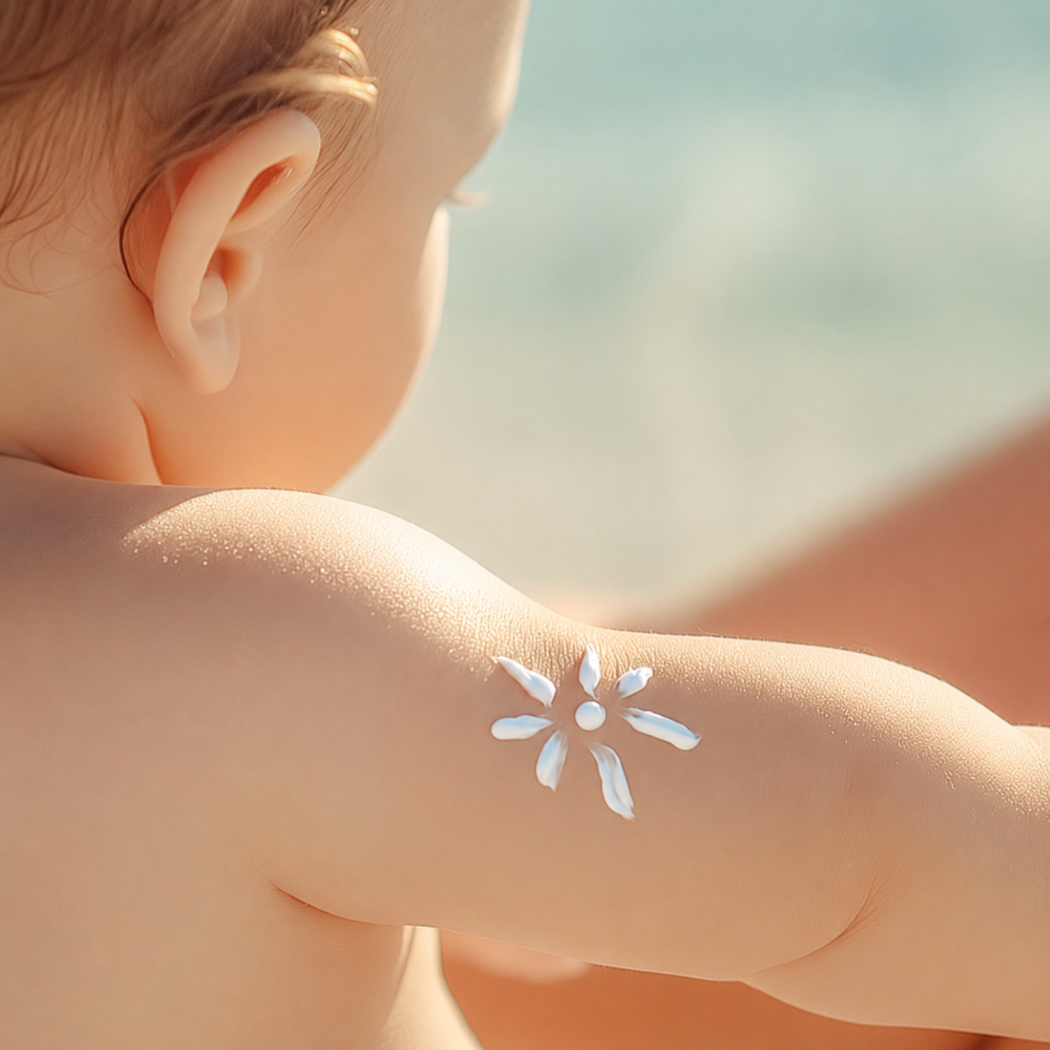 Noelo Hills Skin Barrier Sun Cream SPF 30 Dziecko z kremem przeciwsłonecznym ułożonym w kształt słoneczka na ramieniu. Delikatna ochrona przeciwsłoneczna dla wrażliwej skóry najmłodszych.