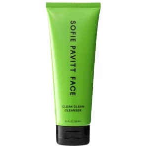 Sofie Pavitt Face Clean Clean Cleanser 109 ml – pełnowymiarowy żel do mycia twarzy w charakterystycznej zielonej tubie z czarną zakrętką.