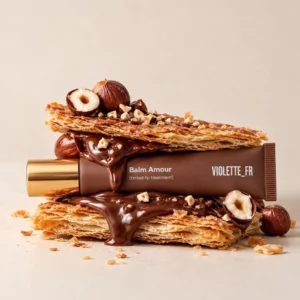 Violette_FR Balm Amour Tinted Lip Treatment w brązowej tubce ze złotą nakrętką, otoczony chrupiącym ciastem, kremem, czekoladową polewą i orzechami laskowymi.