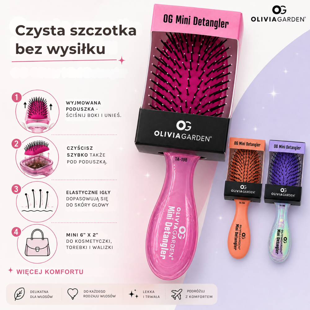 Garden OG Mini Detangler Grafika prezentująca różową szczotkę Olivia Garden OG Mini Detangler oraz informacje o wyjmowanej poduszce, łatwym czyszczeniu, elastycznych igłach i podróżnym rozmiarze.