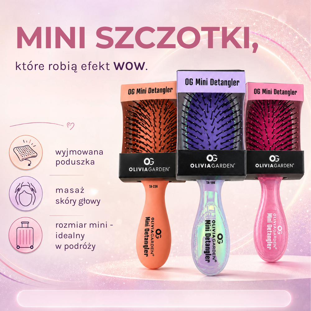 Garden OG Mini Detangler Grafika przedstawiająca trzy kolorowe szczotki Olivia Garden OG Mini Detangler w wersji brzoskwiniowej, fioletowej i różowej oraz ich kompaktowy format, wyjmowaną poduszkę i masaż skóry głowy.