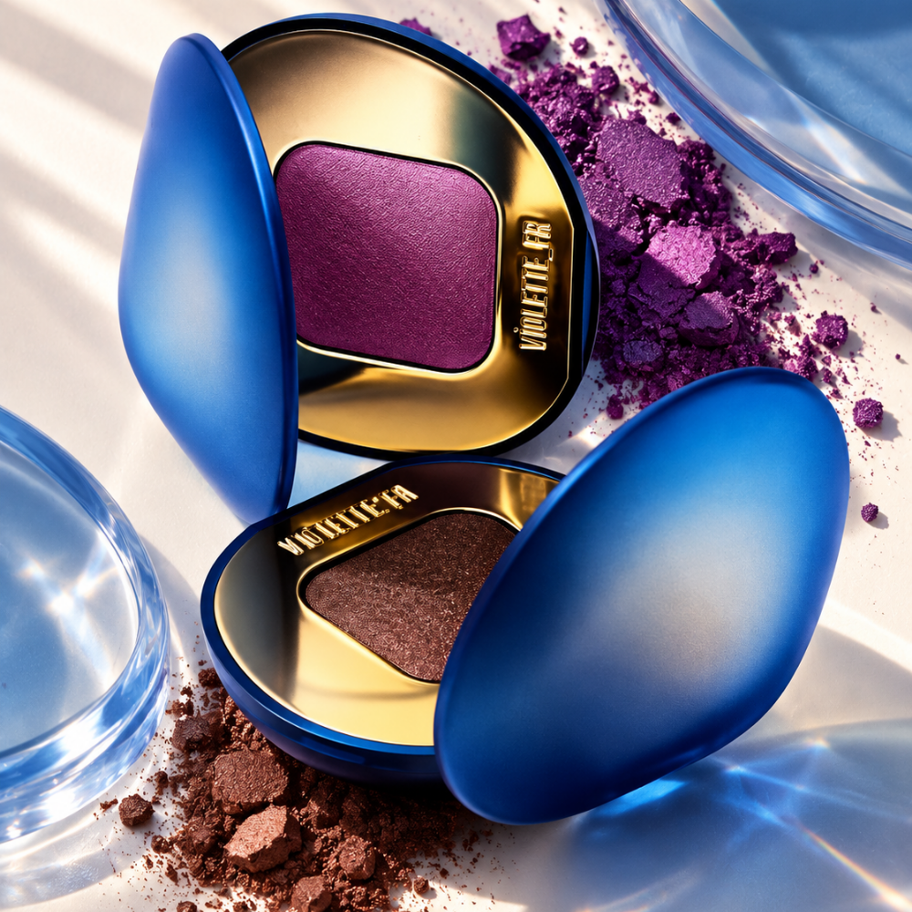 Violette FR Plume Eyeshadow Violette_FR Plume Eyeshadow w fioletowym i brązowym odcieniu, pokazane w otwartych niebiesko-złotych opakowaniach z rozsypanymi pigmentami. Artystyczne zdjęcie produktowe cieni do powiek.