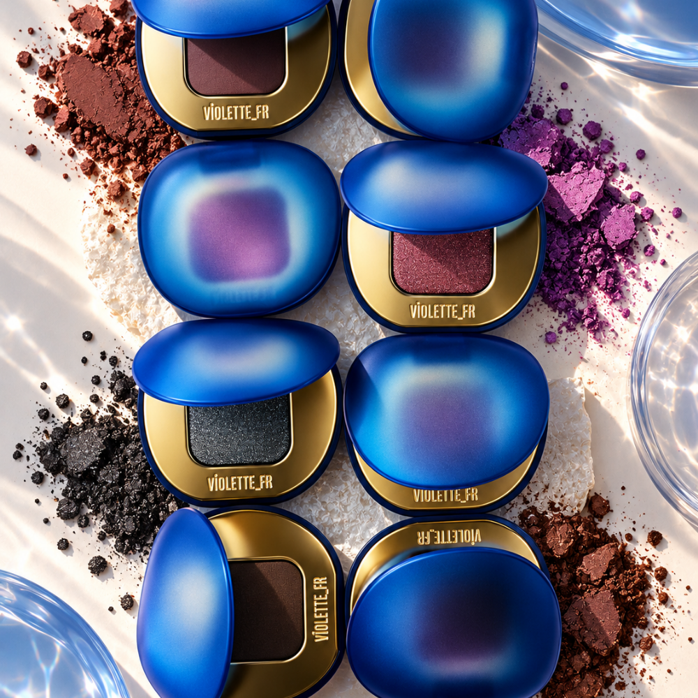 Violette FR Plume Eyeshadow Violette_FR Plume Eyeshadow - kolekcja cieni do powiek w niebiesko-złotych kompaktach, pokazana w kilku odcieniach od brązu i śliwki po róż, fiolet i grafit.