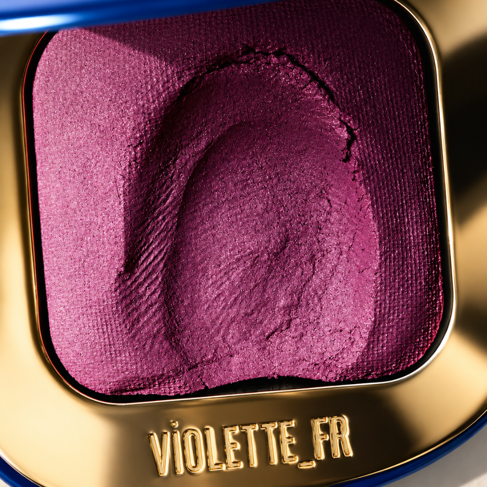Violette FR Plume Eyeshadow Violette_FR Plume Eyeshadow w intensywnym śliwkowo-fioletowym odcieniu - makro tekstury cienia do powiek w złotym opakowaniu z widocznym tłoczeniem Violette_FR.