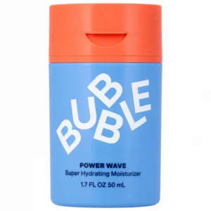 Zdjęcie przedstawia Bubble Power Wave Super Hydrating Moisturizer na białym tle. Krem znajduje się w niebieskim opakowaniu z koralową nakrętką.