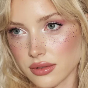 Na zdjęciu widoczne są różowo-fioletowe brokatowe piegi Fazit Pink Witch Speckles zaaplikowane na policzkach i nosie. Produkt rozświetla twarz, dodając makijażowi magicznego, festiwalowego charakteru.