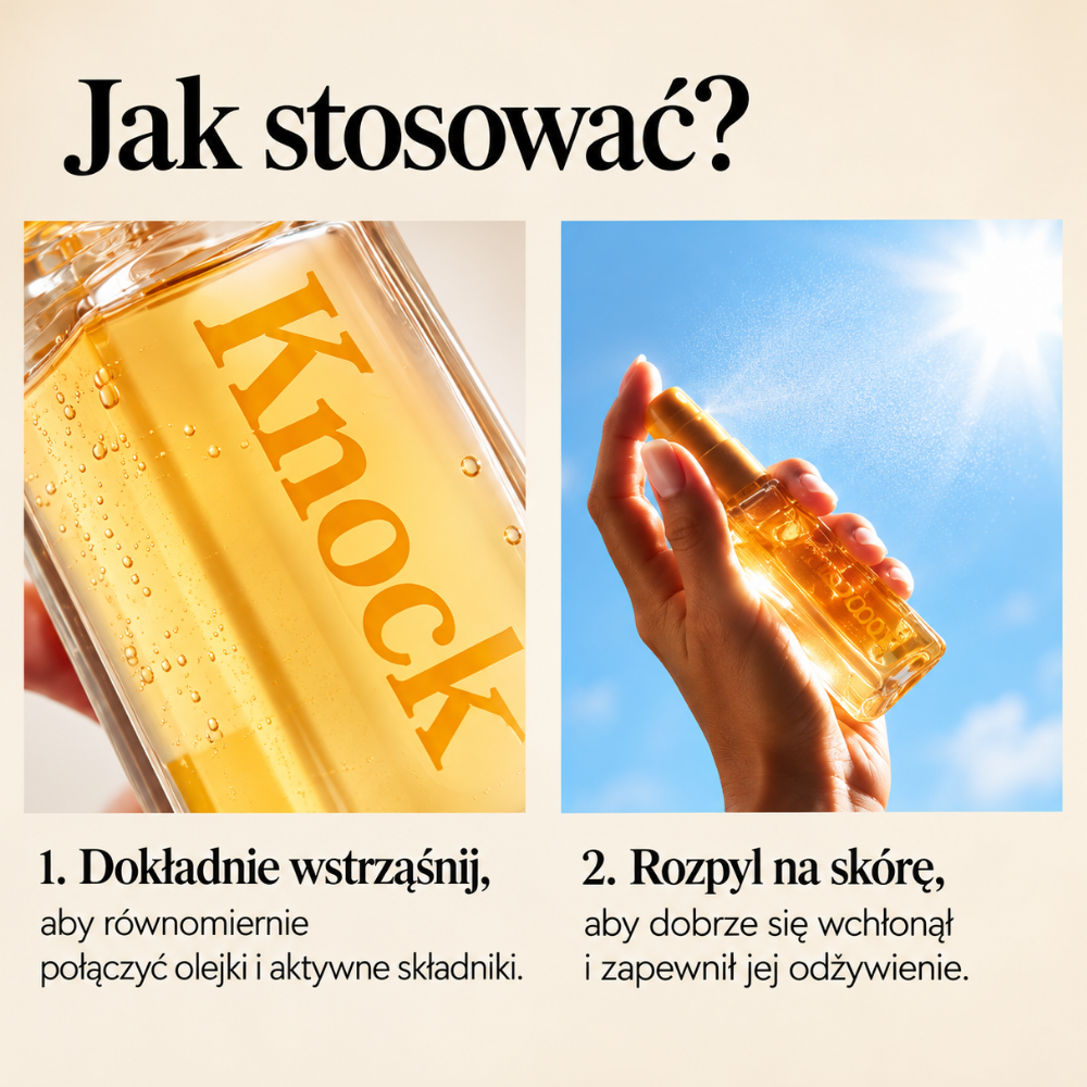 Knock Shaking Serum Mist Sunny Glow – wyglądasz jakbyś miała wolne (3) Knock Shaking Serum Mist Sunny Glow - instrukcja stosowania mgiełki do twarzy: dokładnie wstrząśnij kosmetykiem, aby połączyć fazy, następnie rozpyl produkt na skórę twarzy.