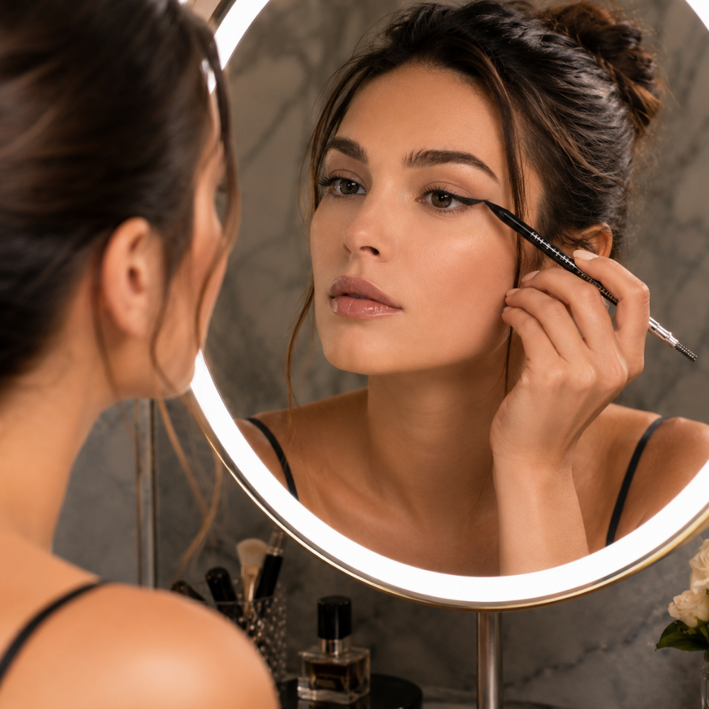Marc Jacobs Beauty Drawn This Way Kobieta przed podświetlanym lustrem wykonuje precyzyjną, czarną kreskę typu kocie oko eyelinerem Marc Jacobs Beauty Drawn This Way w odcieniu 200 No Shade – matowa ultraczerń.