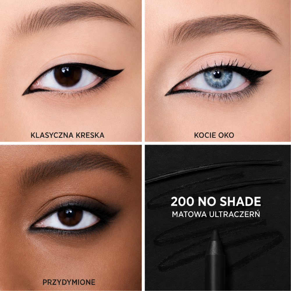 Marc Jacobs Beauty Drawn This Way (2) Czteropolowa grafika przedstawiająca makijaże oka wykonane eyelinerem Marc Jacobs Beauty Drawn This Way w odcieniu 200 No Shade – matowa ultraczerń: klasyczną kreskę, kocie oko, przydymiony efekt oraz próbkę koloru.