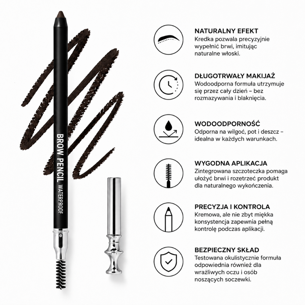 Marc Jacobs Beauty Drawn This Way (3) Kwadratowa grafika przedstawiająca wodoodporną kredkę do brwi ze szczoteczką i ciemnobrązowymi próbkami koloru. Obok widnieją korzyści: naturalny efekt, długotrwały makijaż, wodoodporność, wygodna aplikacja, precyzja i kontrola oraz bezpieczny skład.