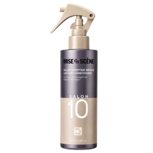Odżywka bez spłukiwania Mise en Scène Salon 10 Peptide Repair Leave-In Conditioner 200 ml w butelce z aplikatorem na białym tle.