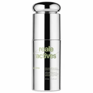 Reale Actives Go Deep serum z 8% kwasem migdałowym 30 ml w srebrnej butelce na białym tle.