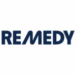 Granatowe logo marki Remedy przedstawione na białym tle.