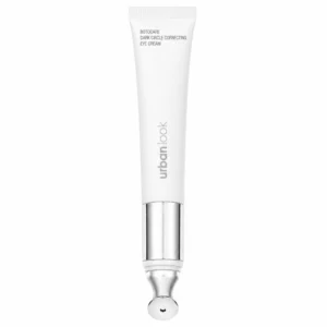 Urbanlook Botocare Darkcircle Correcting Eye Cream w białej tubce ze srebrnym, metalowym aplikatorem masującym, pokazany pionowo na białym tle.