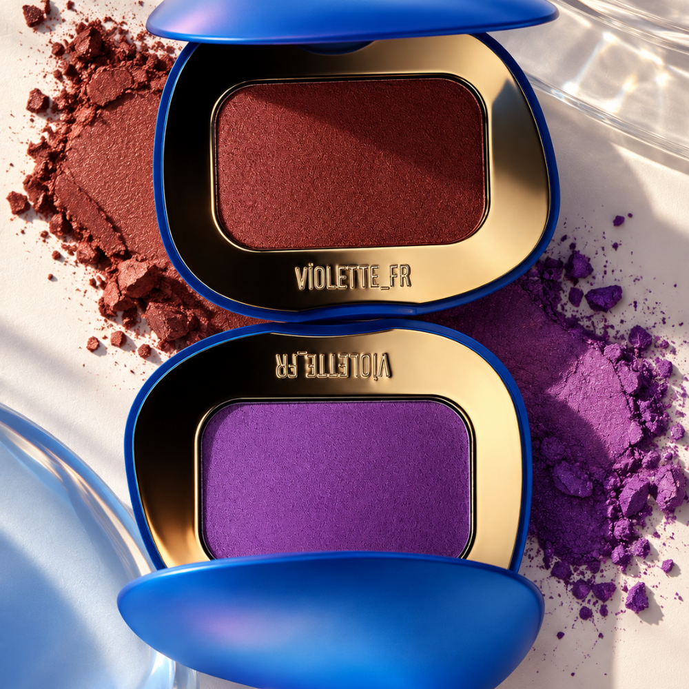 Violette FR Plume Blush Feather Matte Cheek Melt Violette_FR Plume Blush Feather Matte Cheek Melt - zbliżenie na dwa odcienie kosmetyku w otwartych niebiesko-złotych opakowaniach, otoczone rozsypanym brązowym i intensywnie fioletowym pigmentem.