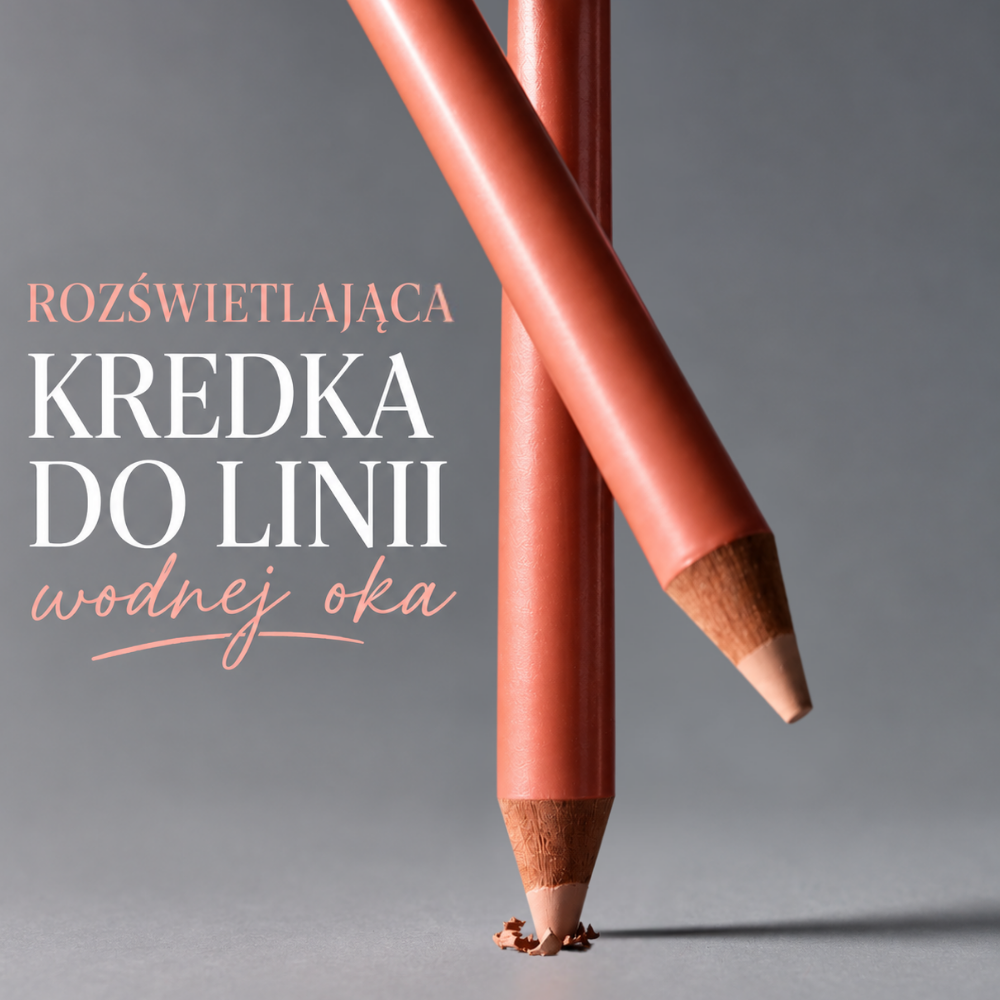 zjęcia nowe na stronę -3 Dwie koralowe kredki do linii wodnej oka na szarym tle, z napisem „Rozświetlająca kredka do linii wodnej oka” umieszczonym po lewej stronie.