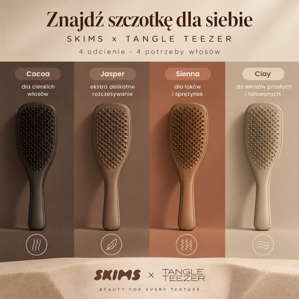 Tangle Teezer x Skims Detangler Porównanie czterech szczotek SKIMS x Tangle Teezer - Cocoa do cienkich włosów, Jasper do delikatnego rozczesywania, Sienna do loków oraz Clay do włosów prostych i falowanych.
