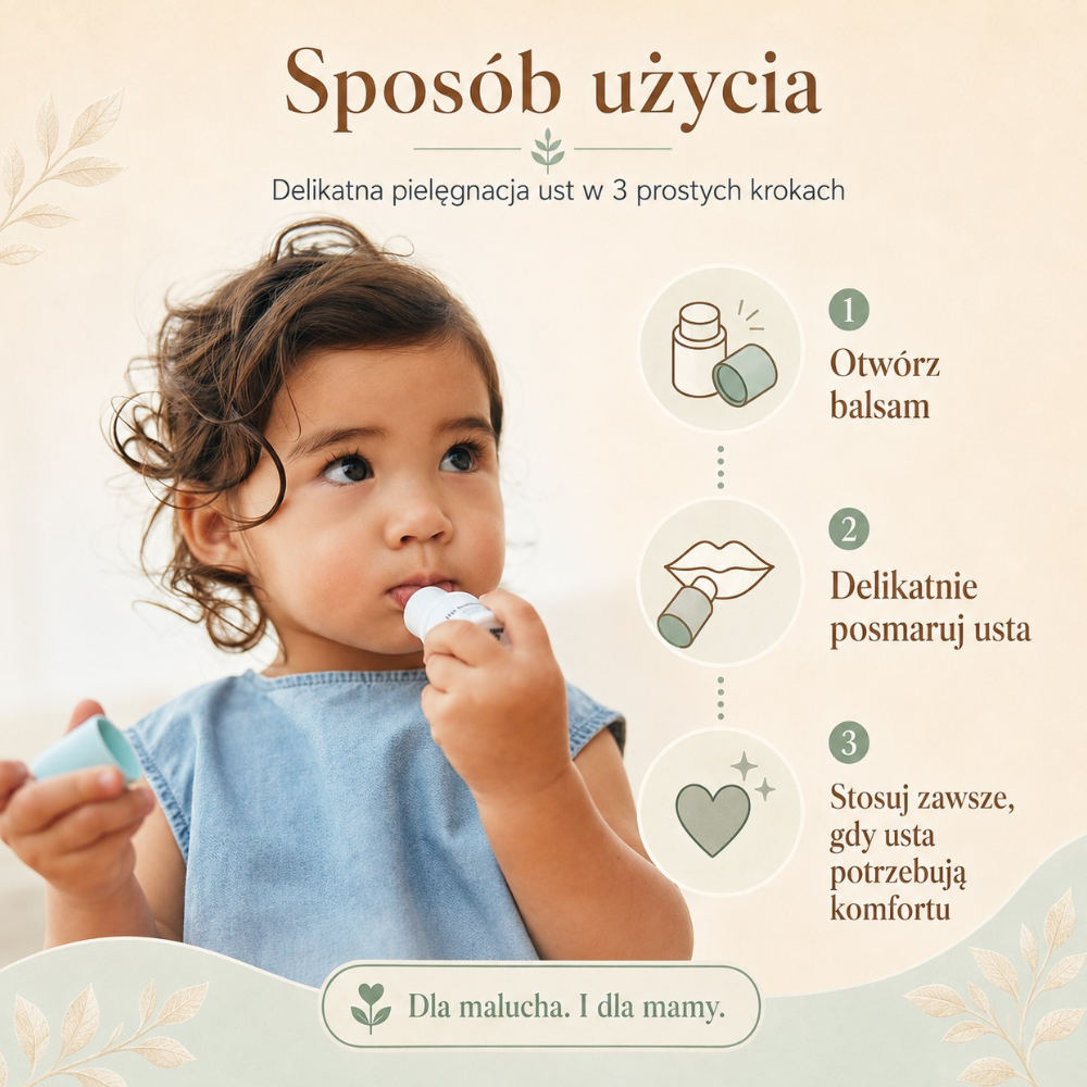 Evereden Baby Lip Balm Grafika pokazująca sposób użycia balsamu Evereden – otwarcie opakowania, delikatną aplikację na usta i regularne stosowanie dla komfortu ust.