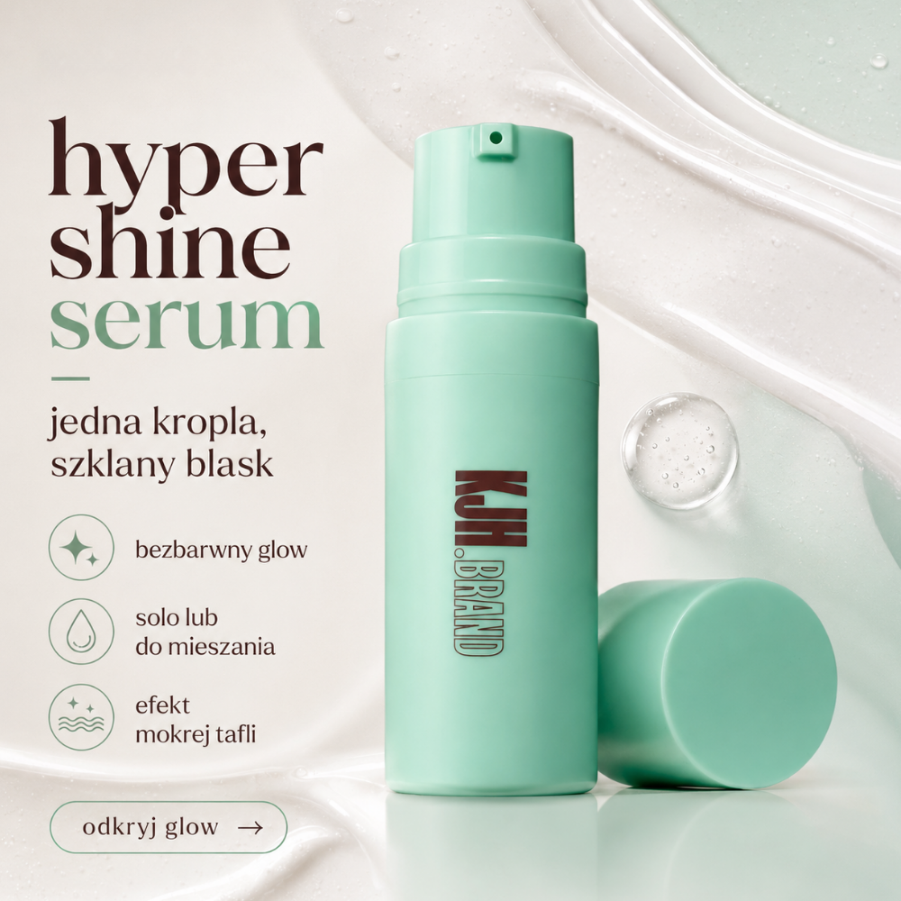 KJH.BRAND Hyper Shine Serum Grafika reklamowa KJH.BRAND Hyper Shine Serum z informacją o bezbarwnym blasku, możliwości stosowania solo lub jako medium do mieszania oraz efekcie mokrej tafli.