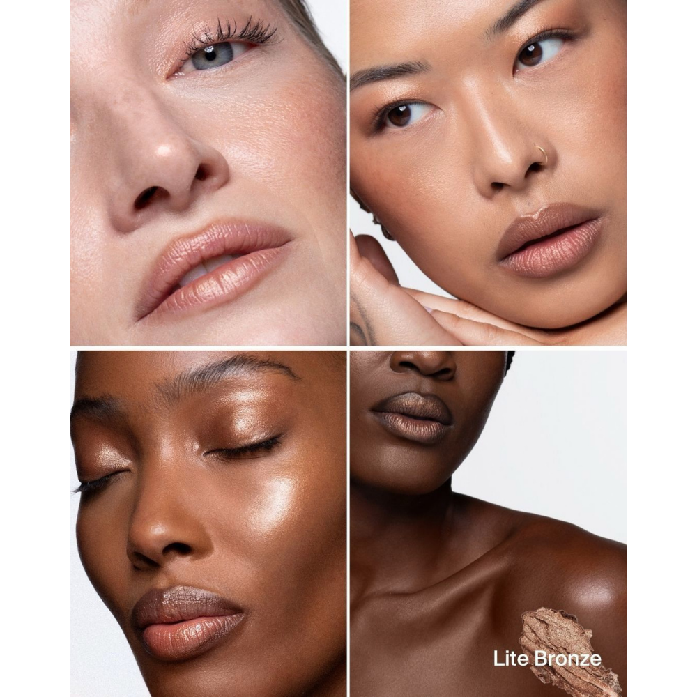 KJH Brand Hyper Shine Lite Pigment Rozświetlacz w odcieniu Lite Bronze pokazany na kilku tonacjach skóry, tworzący miękkie, brązowo-złote rozświetlenie twarzy i ciała.