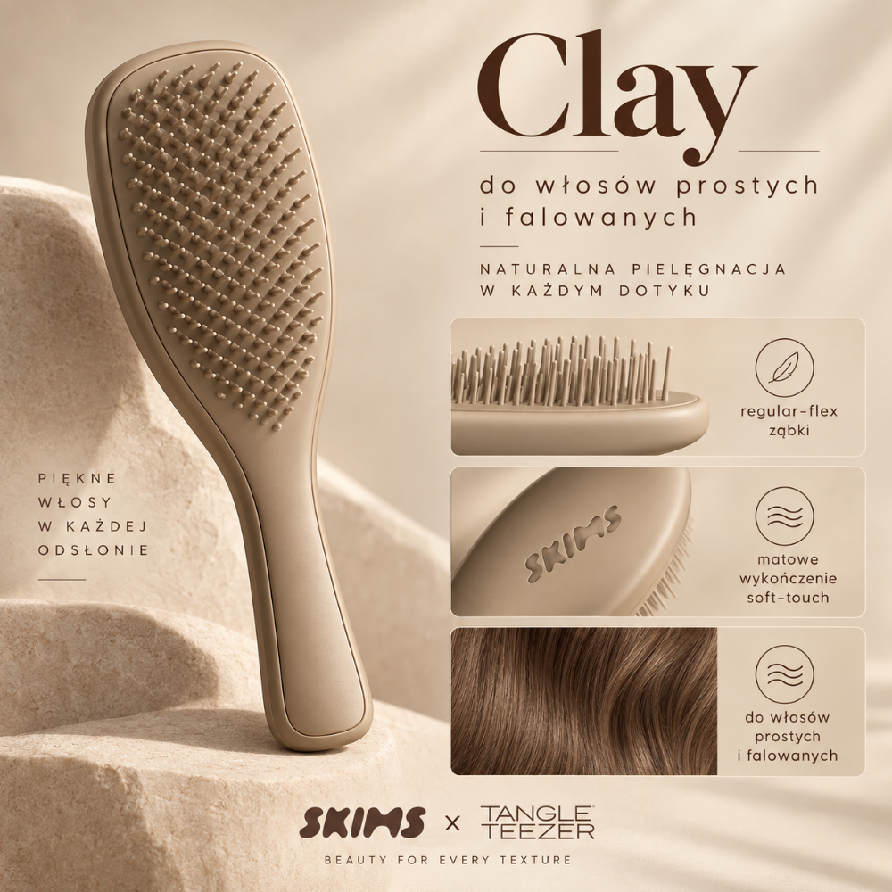Szczotka SKIMS x Tangle Teezer Clay Szczotka SKIMS x Tangle Teezer Clay do włosów prostych i falowanych z elastycznymi ząbkami i matowym wykończeniem soft-touch.