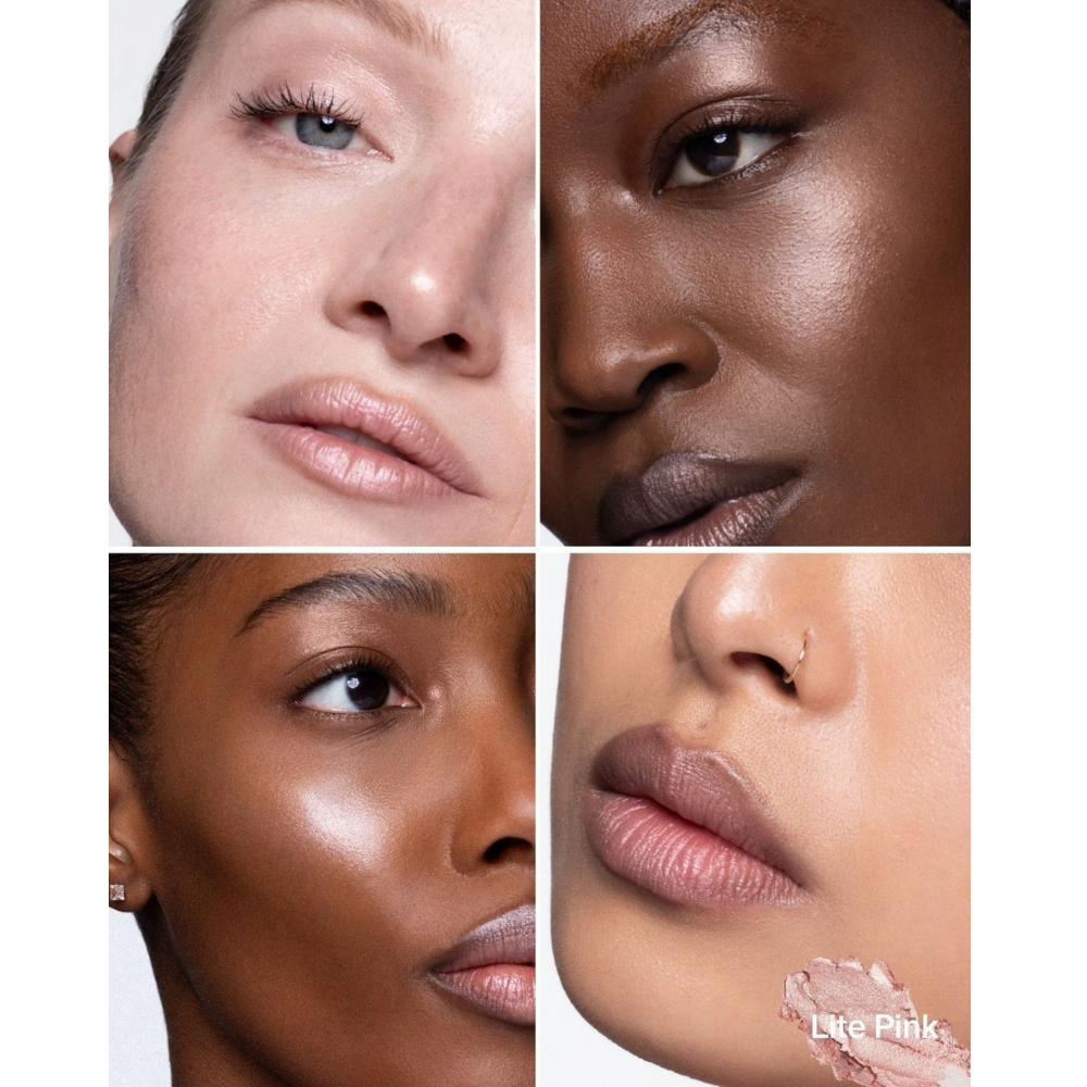 KJH Brand Hyper Shine Lite Pigment Rozświetlacz w odcieniu Lite Pink zaprezentowany na modelkach o jasnej, średniej i ciemnej karnacji, pozostawiający subtelny różowy połysk.