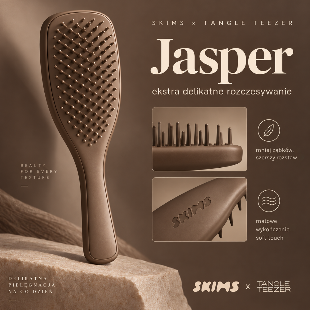 Szczotka SKIMS x Tangle Teezer Clay Szczotka SKIMS x Tangle Teezer Jasper do wyjątkowo delikatnego rozczesywania, z mniejszą liczbą szerzej rozstawionych ząbków.