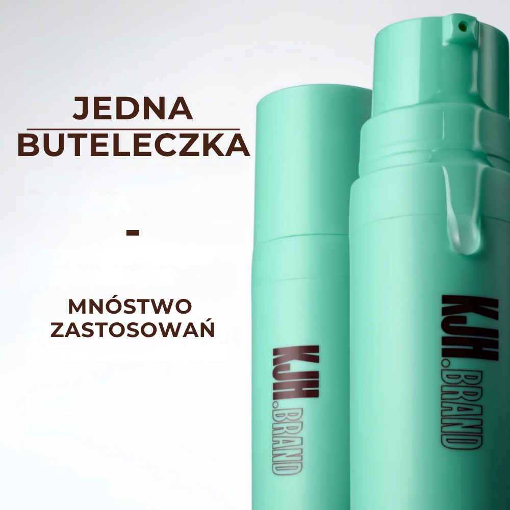 KJH.BRAND Hyper Shine Serum Grafika reklamowa przedstawiająca dwa miętowe opakowania KJH.BRAND Hyper Shine Serum z hasłem „Jedna buteleczka – mnóstwo zastosowań”.