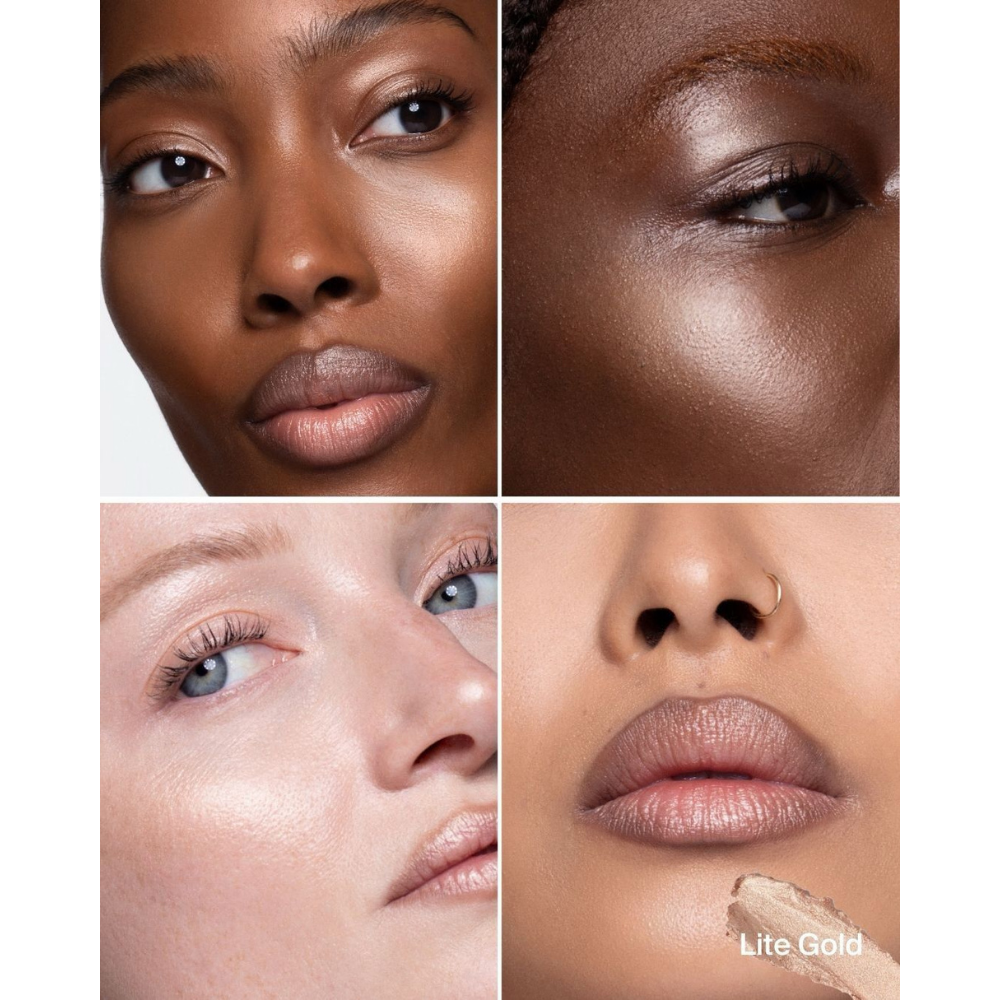 KJH Brand Hyper Shine Lite Pigment Rozświetlacz w odcieniu Lite Gold pokazany na różnych karnacjach, nadający policzkom, powiekom i ustom jasny, złocisto-szampański blask.