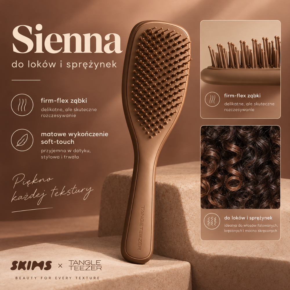 Szczotka SKIMS x Tangle Teezer Clay Szczotka SKIMS x Tangle Teezer Sienna do loków i sprężynek, wyposażona w ząbki firm-flex pomagające rozczesywać kręcone włosy.