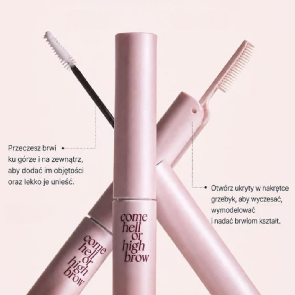 Caliray Tubing Brow Gel -2 Różowy żel do brwi Caliray Come Hell or High Brow z białą szczoteczką i ukrytym w nakrętce grzebykiem, przedstawiony na jasnym tle wraz z instrukcją unoszenia i modelowania brwi.