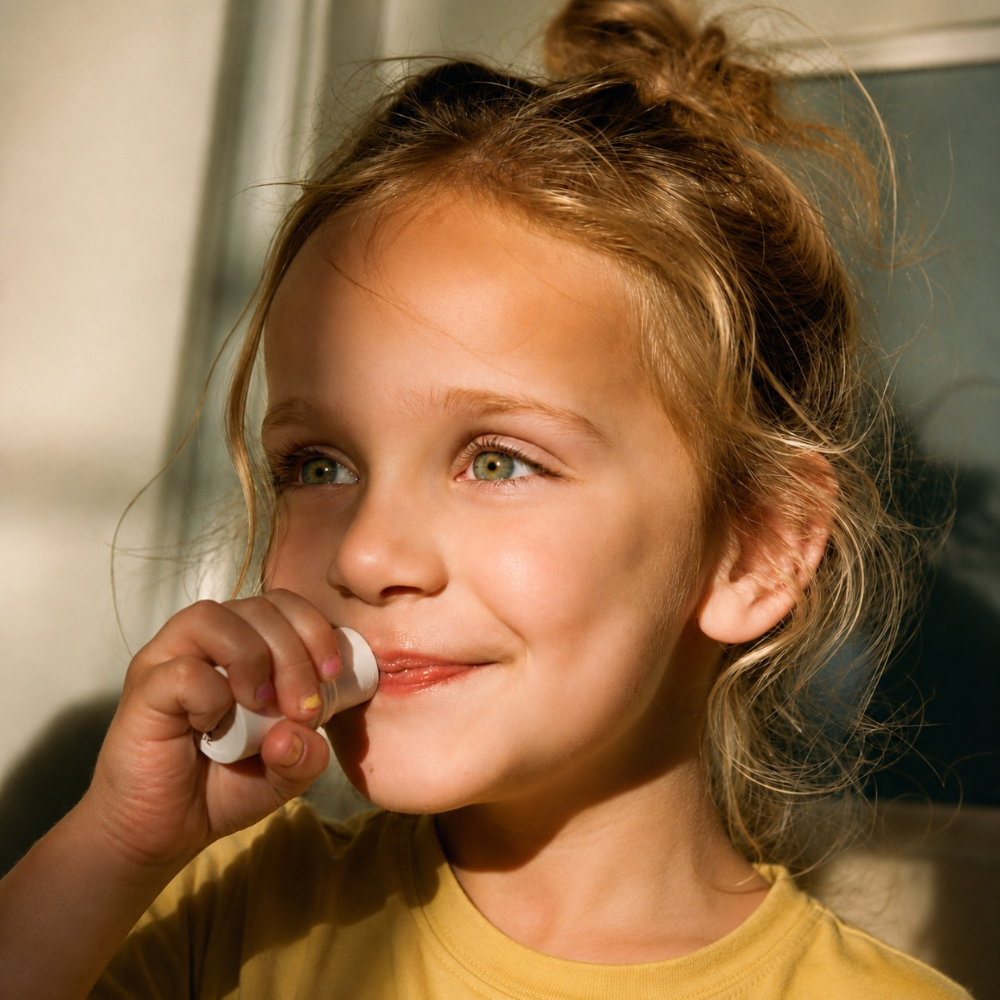 Evereden Baby Lip Balm Dziewczynka aplikująca balsam Evereden na usta w ciepłym, naturalnym świetle.